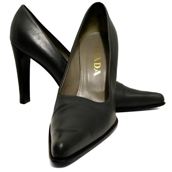 Prada Womens Dark Gray Leather Italy Slip On Stiletto Pump Heels Size 37.5 - Picture 1 of 11